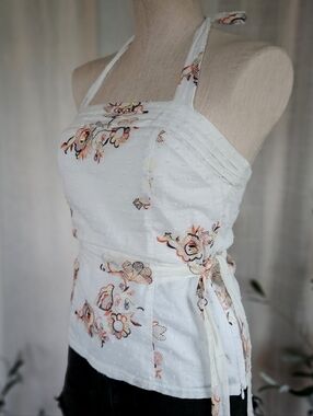 White Orange Floral Embroidery Tie Back Halter Top